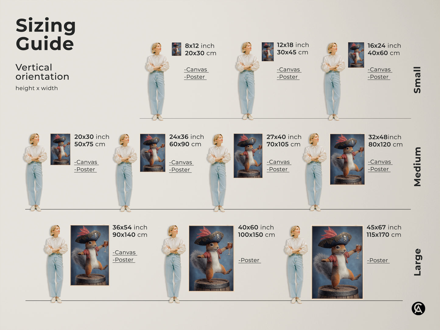 Sizing guide for vertical pirate squirrel artwork. Available as canvas or poster prints. Find the perfect size for your space. Ranging from small medium and large options. This fantasy animal art adds an eclectic touch to any room. Perfect for study room wall decor.