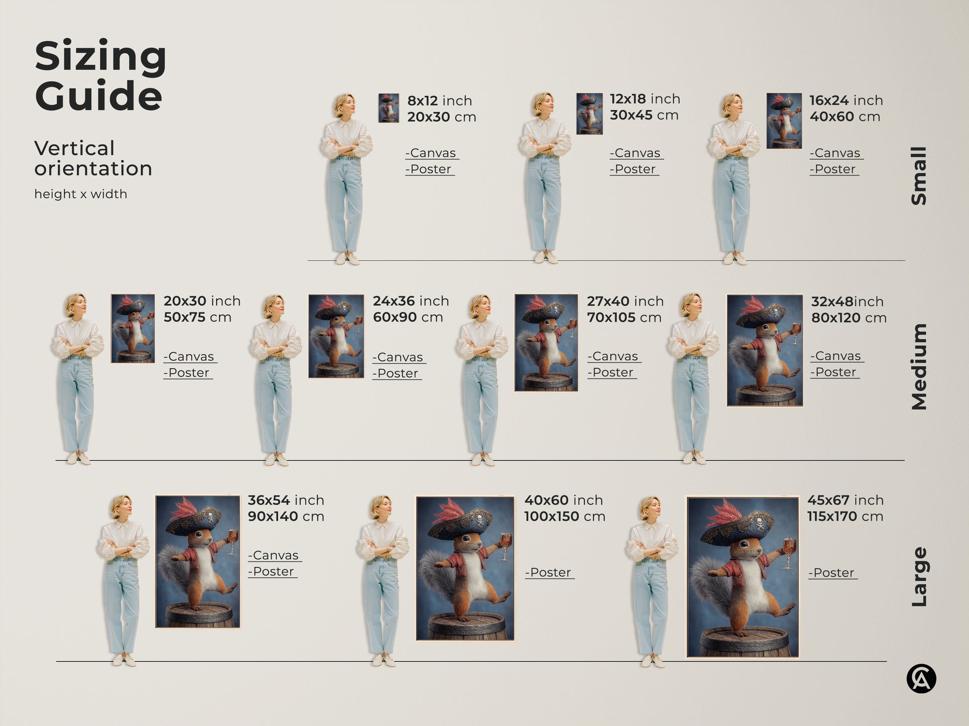 Sizing guide for vertical pirate squirrel artwork. Available as canvas or poster prints. Find the perfect size for your space. Ranging from small medium and large options. This fantasy animal art adds an eclectic touch to any room. Perfect for study room wall decor.