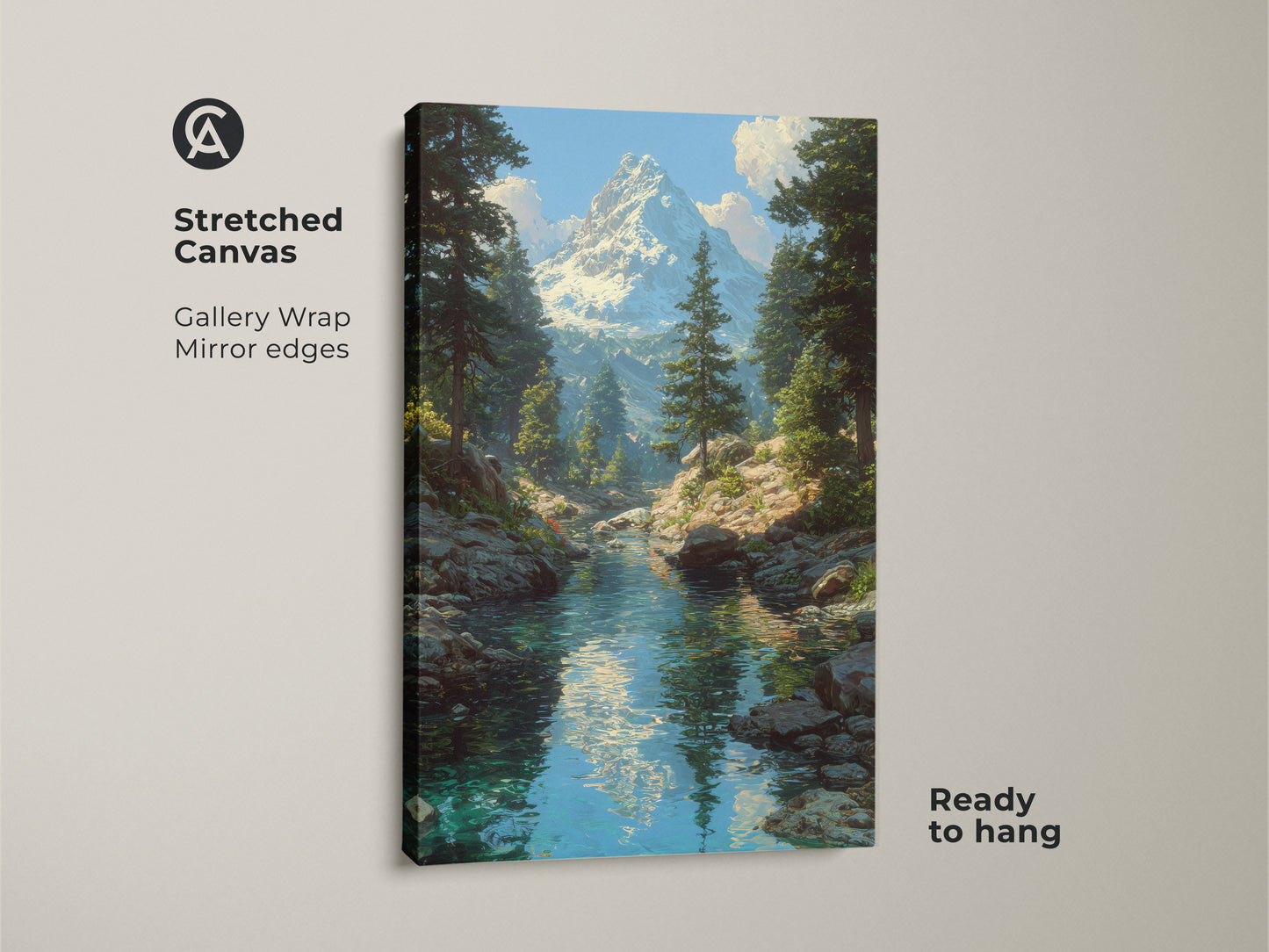 Stretched canvas art shows a mountain river landscape. This gallery-wrapped print features a snowy peak and green pine trees. The mirror edges add depth to this nature artwork. Ready to hang rustic decor. Perfect for adding an outdoor scene to any room.