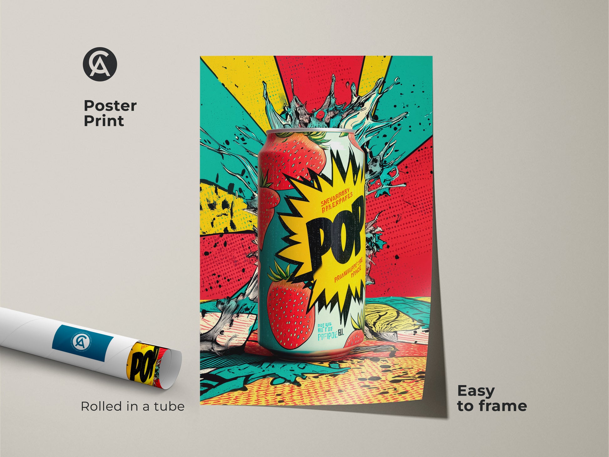 Poster print of a strawberry soda can art. The artwork is rolled in a tube. It is easy to frame. This museum-quality paper enhances the vivid colors of the pop art. A great addition to your wall decor.