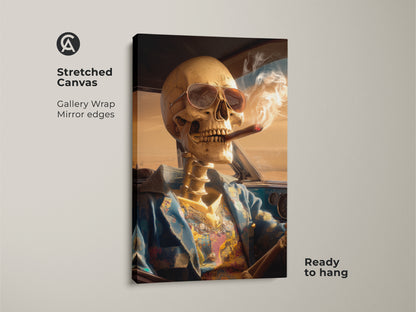 This stretched canvas showcases a skeleton driving a car. The artwork is a gallery wrap with mirrored edges. The skeleton wears sunglasses and smokes a cigar. Ready to hang it makes a statement. This eye-catching canvas art is perfect for adding personality.
