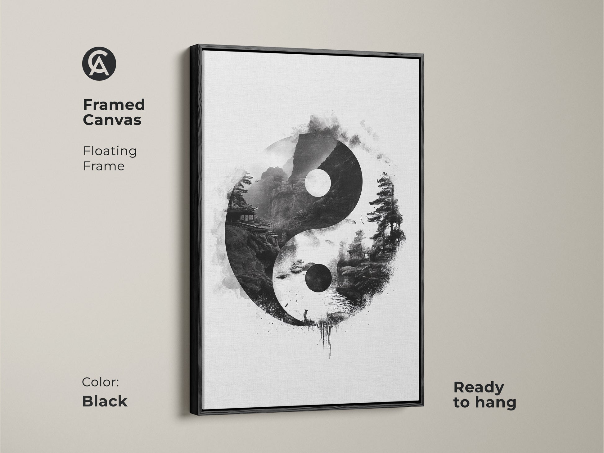 Black framed canvas with a floating frame showcasing Yin Yang art. This Zen landscape print with pagoda in ink wash style creates balanced energy. This ready to hang meditation gift is minimalist.