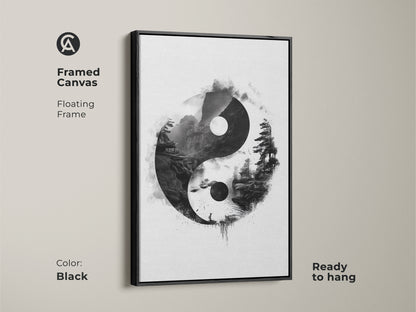 Black framed canvas with a floating frame showcasing Yin Yang art. This Zen landscape print with pagoda in ink wash style creates balanced energy. This ready to hang meditation gift is minimalist.