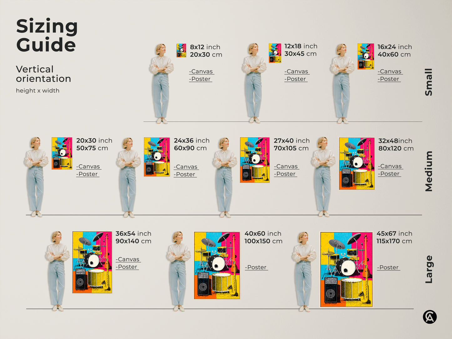Find the perfect size for your music room art print with our sizing guide. Vertical orientation options include canvas and poster prints. Select from small medium and large sizes to fit your space. Transform your home with this colorful artwork.