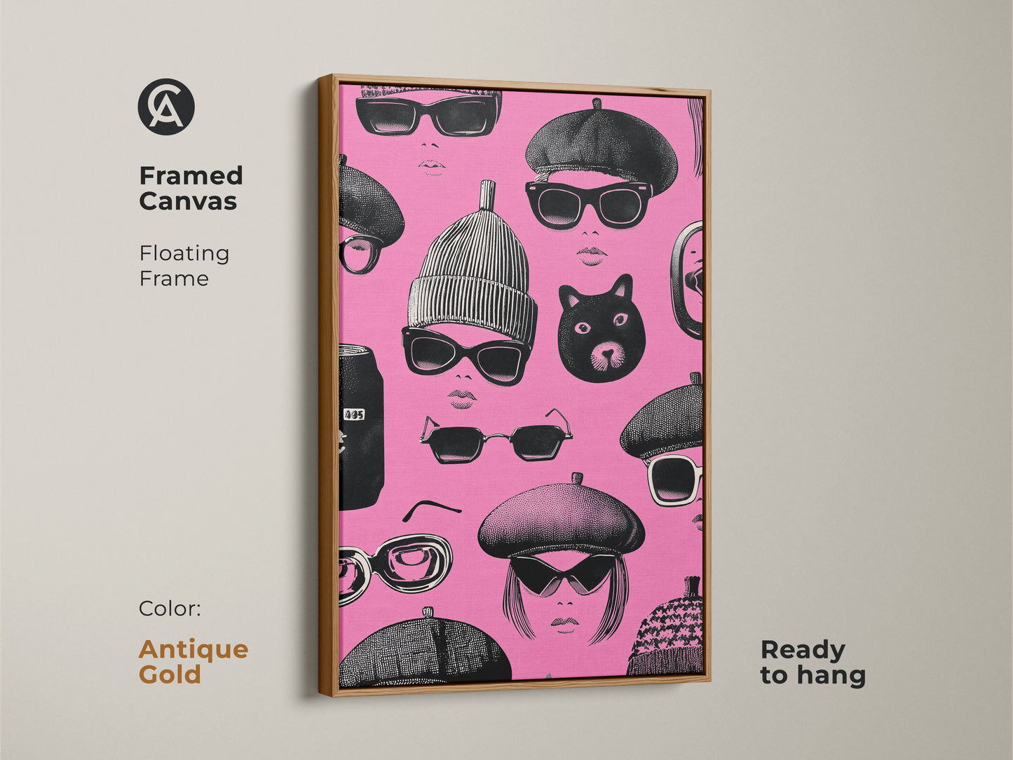 Framed canvas with an antique gold floating frame. Retro pop art print featuring pink and black faces with sunglasses and berets. This piece of eclectic bedroom decor is ready to hang. It's a great gift for fashion lovers.