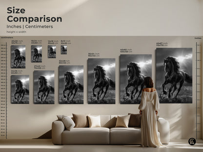 Size comparison of black and white horse art. See the art in different sizes inches and centimeters. The horse is running in a field with sun rays. Visualize art in your space.