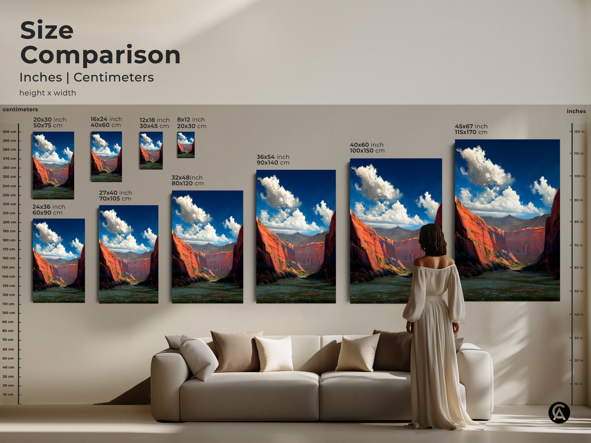 Size comparison of red rock canyon landscape art prints. This showcases various dimensions in inches and centimeters. See how the artwork transforms a living room. Find the perfect size to complement your sofa. This natural beauty wall art will make your house more beautiful.