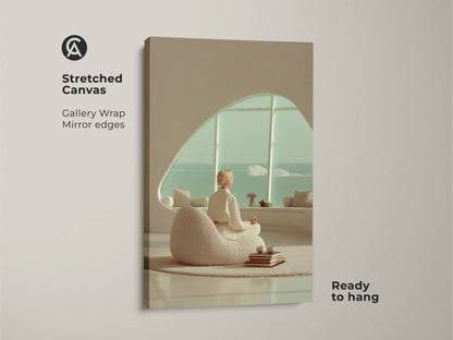 Gallery Wrapped Stretched Canvas Print features woman meditating bedroom artwork. The beige teal ocean view Scandinavian decor is ready to hang. This coastal zen home decor is perfect.
