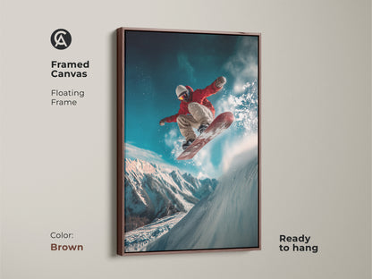 A framed canvas art features a snowboarder in mid-air. The floating frame complements the artwork. This brown framed art is ready to hang elevating your decor. The snowboarder art captures dynamic movement.
