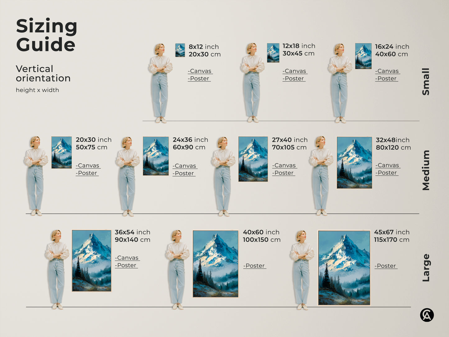 Sizing guide for vertical mountain artwork. Available in small medium and large sizes. Options include canvas and poster prints. Find the perfect fit for your space. Transform your walls with stunning mountain landscape art tailored to your needs.