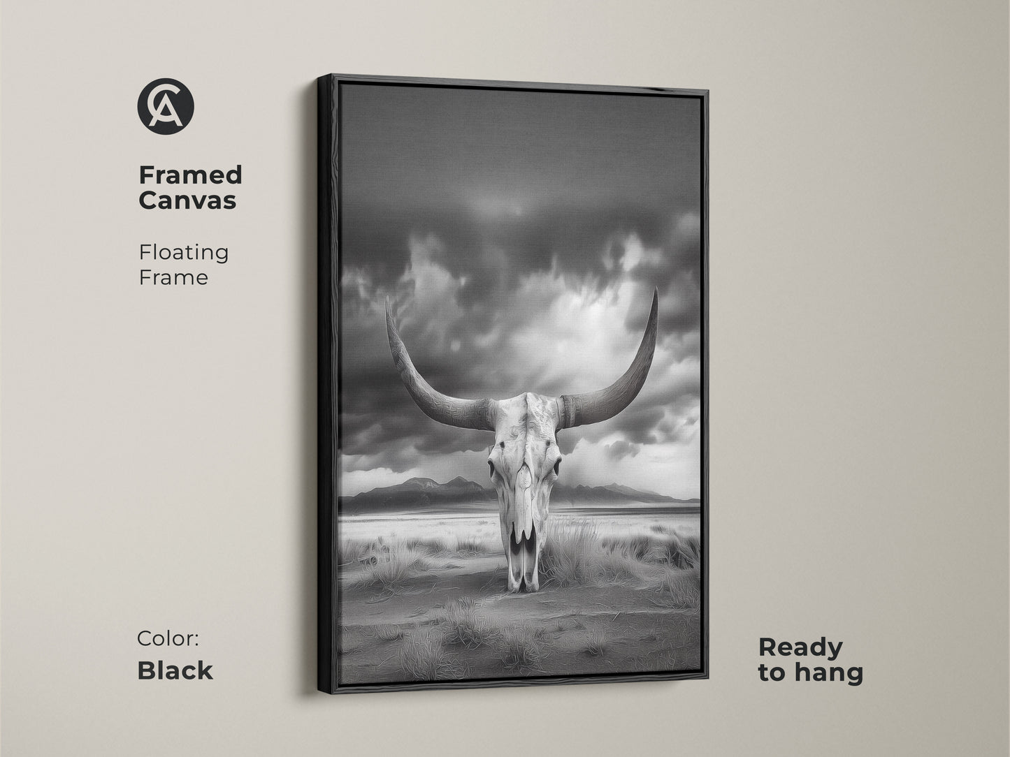 Framed canvas showcasing a longhorn skull in a desert landscape. This black framed art adds a rustic western touch. The monochrome animal skull artwork is ready to hang. Perfect for farmhouse western art. This arid landscape wall art enhances your home decor.