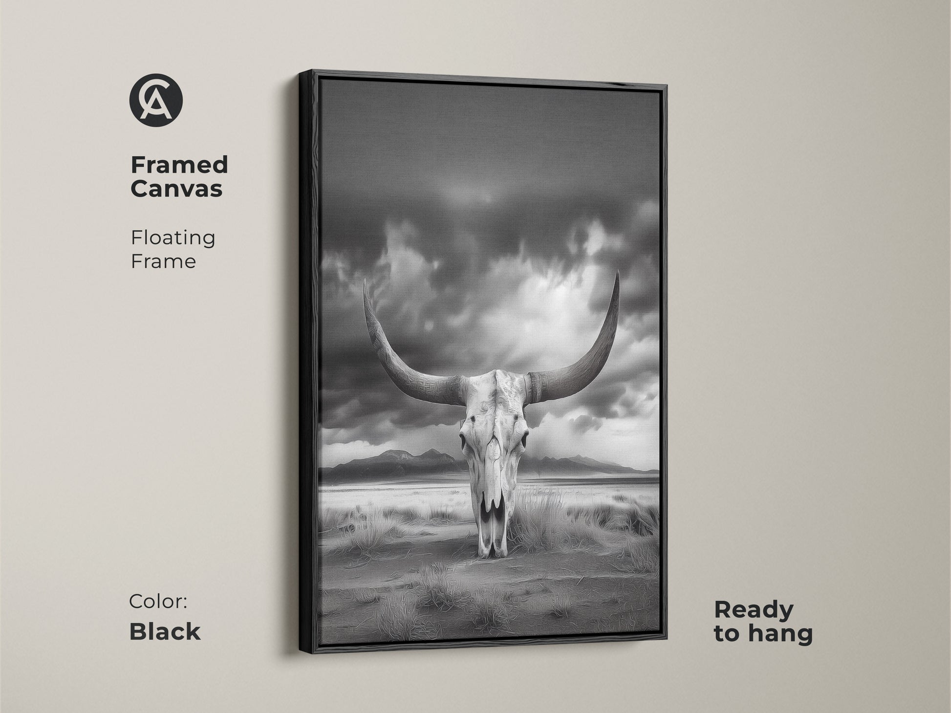 Framed canvas showcasing a longhorn skull in a desert landscape. This black framed art adds a rustic western touch. The monochrome animal skull artwork is ready to hang. Perfect for farmhouse western art. This arid landscape wall art enhances your home decor.