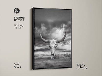 Framed canvas showcasing a longhorn skull in a desert landscape. This black framed art adds a rustic western touch. The monochrome animal skull artwork is ready to hang. Perfect for farmhouse western art. This arid landscape wall art enhances your home decor.