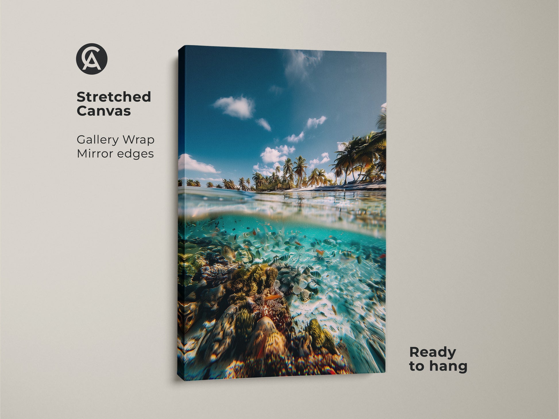 Stretched canvas print of an ocean split view. It shows a tropical beach above and a coral reef with fish below. Ready to hang coastal decor for any room.