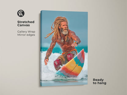 A Stretched Canvas Gallery Wrap Mirror edges features Coastal Surfer Canvas Print. This ocean lifestyle photography captures action sports art. Golden blonde sky blue colors creates summer vibes. It is ready to hang wall art for family room decor or a gift for beach lovers.