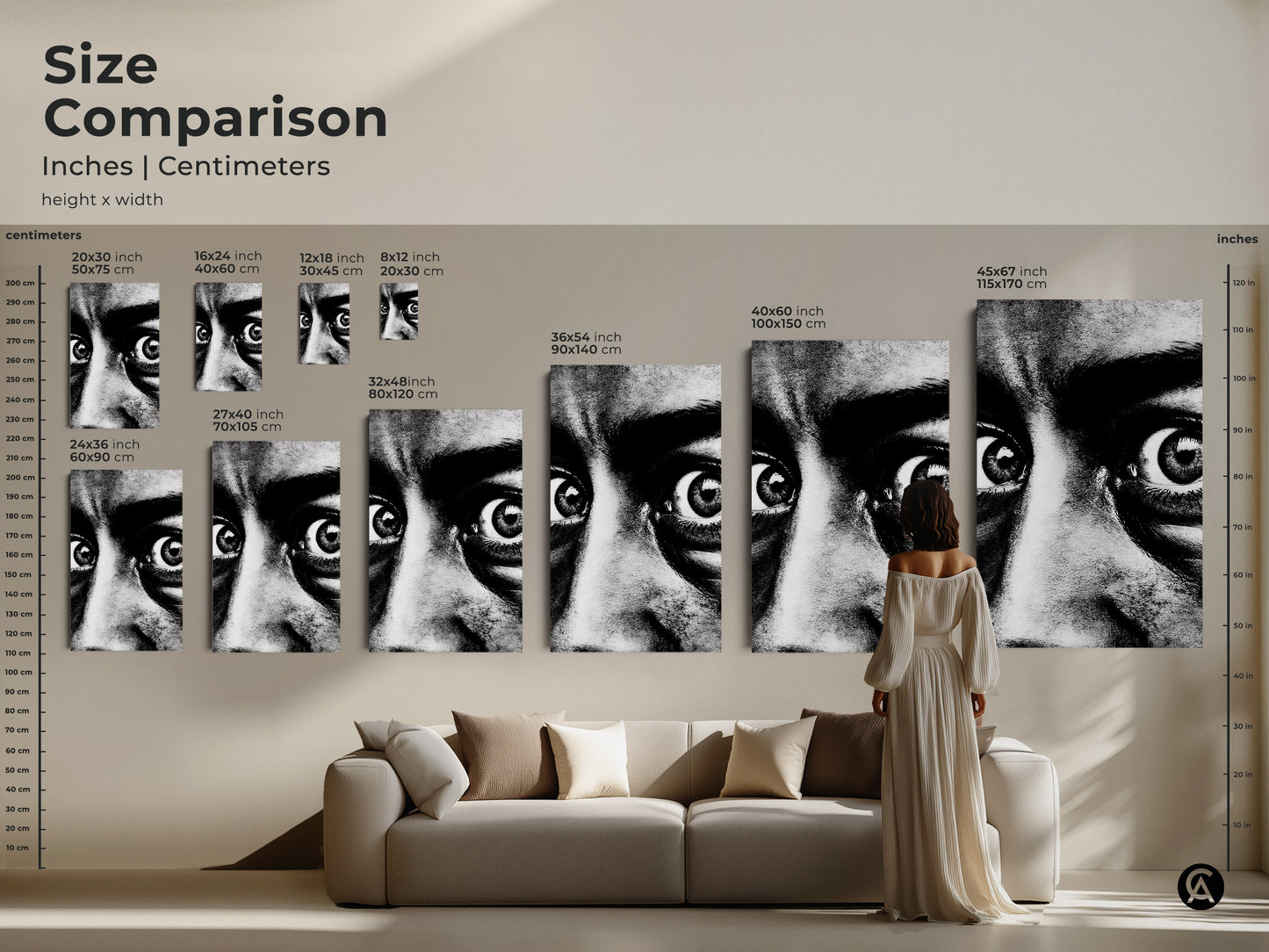 Size comparison of monochrome face portrait canvas prints. Ranging from small 20x30 cm to large 45x67 inches. See how the intense gaze canvas art transforms a living room. This black and white face print adds contemporary expression to your home decor.
