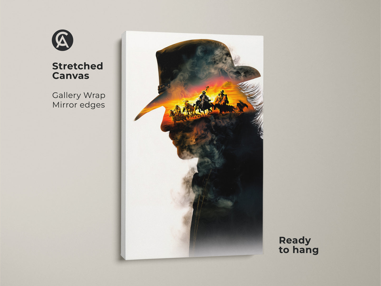 Stretched canvas art featuring a captivating cowboy double exposure. It combines a cowboy silhouette with a sunset horseback riding scene. Gallery-wrapped with mirrored edges this rustic sunset wall decor is ready to hang and adds a touch of wild west to any room.