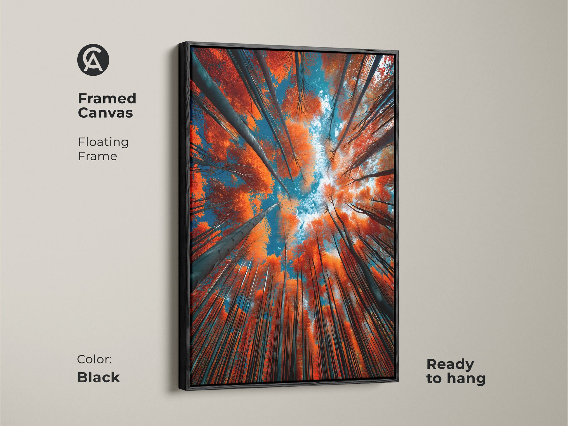 Framed canvas artwork of a forest canopy with a black floating frame. The art is ready to hang. The orange leaves and blue sky create a stunning visual. This wall art is a perfect statement piece.