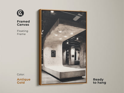 Antique gold framed canvas featuring concrete structure artwork. Ideal for office decor. Minimalist abstract art perfect for urban architecture print lovers. Transform your space with this modernist artwork. Explore our contemporary wall art collection today!
