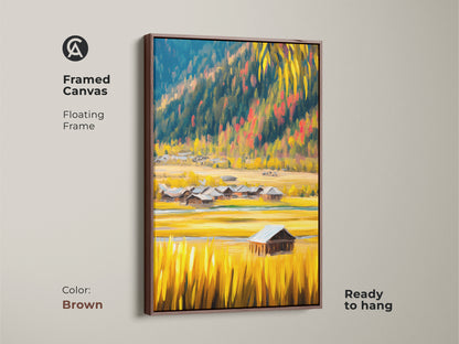 Brown framed canvas print with a rustic barn landscape. This farmhouse wall art combines golden yellow fields and blue mountains. The floating frame adds depth. This canvas print is ready to hang and brings rustic charm to any space. Perfect for farmhouse living room art.