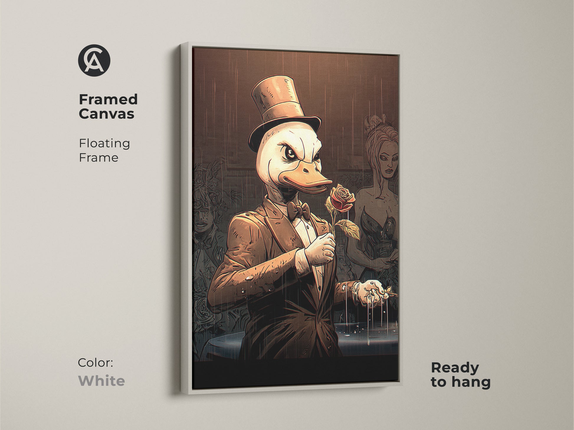 This framed canvas has a floating frame in white. The top hat duck artwork is ready to hang. The artistic animal wall art features a rose holding duck canvas. This is unique office wall decor.