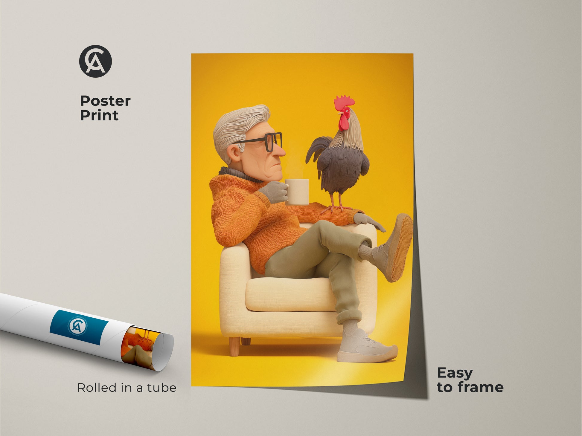 Poster print of a man and rooster art piece rolled in a tube. Easy to frame. This funny animal artwork is perfect for a grandpa's birthday gift. The yellow background adds a cheerful vibe. A unique piece of wall decor for a home office. It's a conversation starter art.