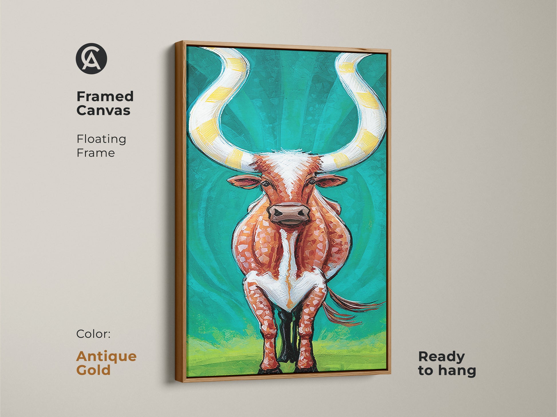 Framed canvas art featuring an expressive longhorn cattle. The floating frame is antique gold. Ready to hang. This unique Western animal print brings rustic modern decor to your walls. The orange and teal color palette adds vibrancy to this unique piece.