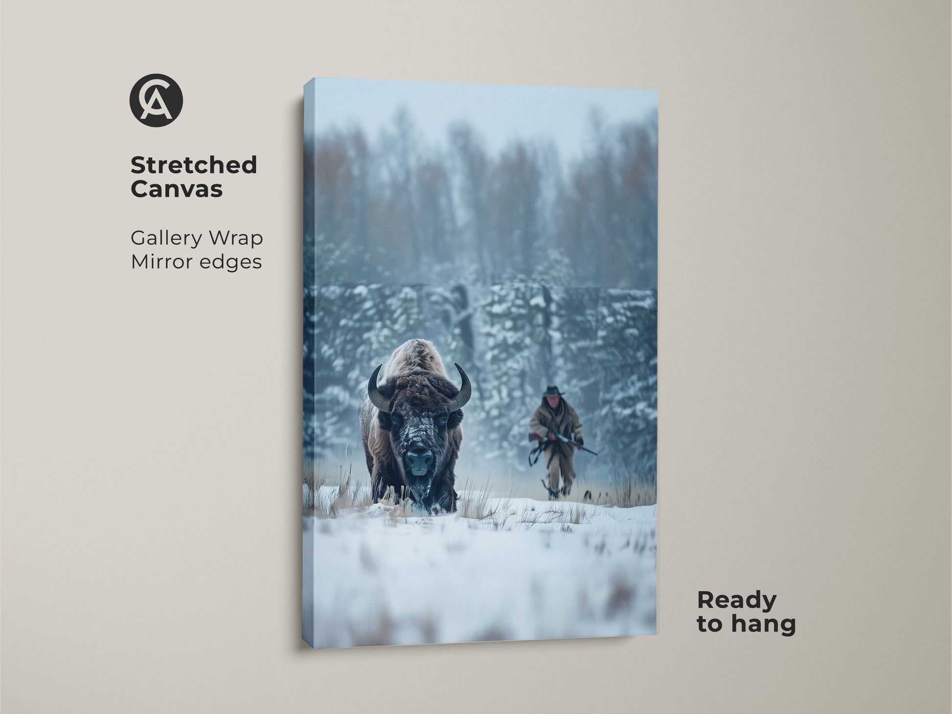 Stretched canvas art showcasing a bison in a winter scene. The gallery wrap and mirror edges give it a modern look. A hunter is in the background. This ready-to-hang canvas brings wildlife art into your space easily.