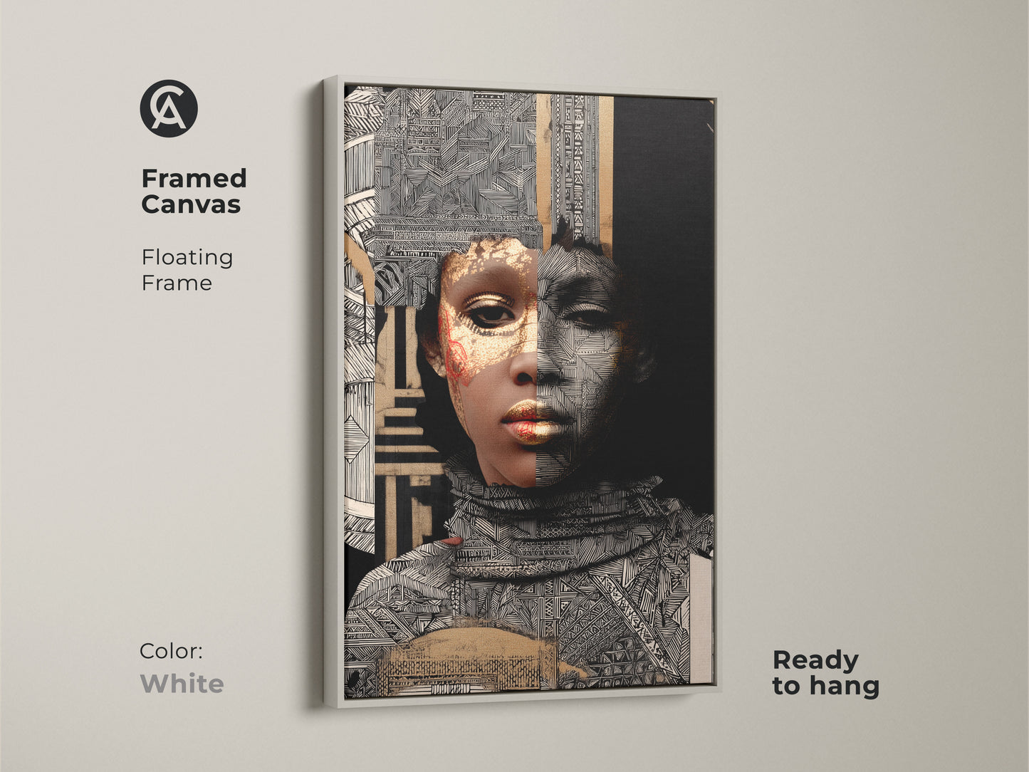 White Framed Canvas featuring Abstract Gold Woman Art. This Afrofuturism portrait is a floating frame and ready to hang. The eclectic mixed media artwork combines black white and gold geometric patterns for a unique wall decor.