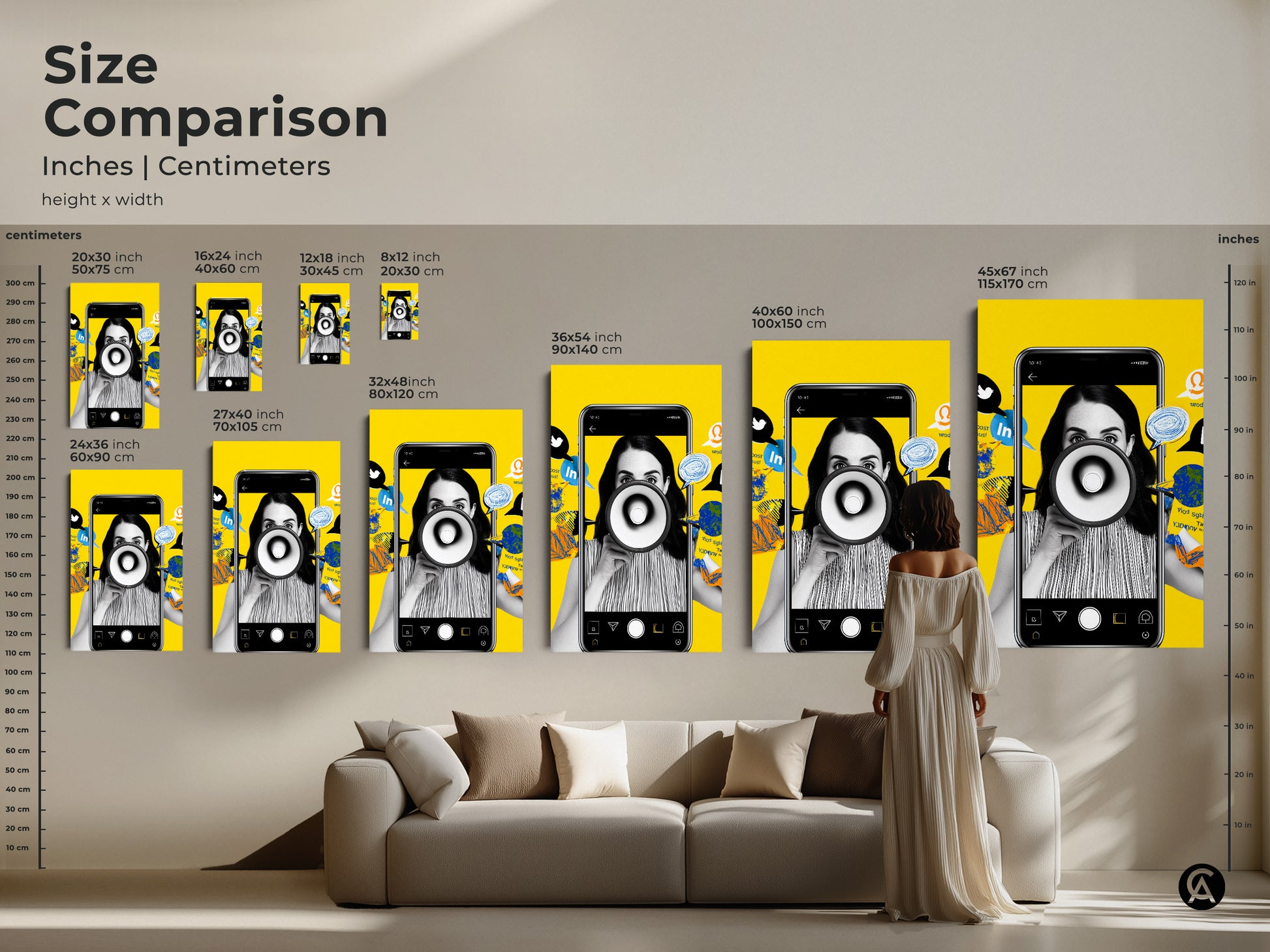 Size comparison of inches and centimeters for the social media megaphone artwork. This art print suits various spaces. Its available as canvas or poster. Ideal for modern office decor. See how this piece enhances a living room setting. A unique gift for marketing professionals.