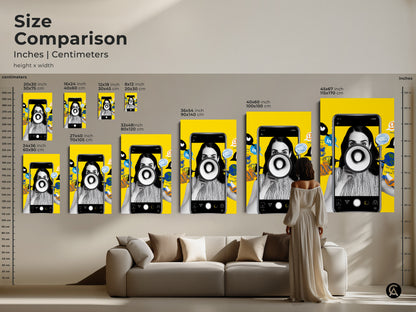 Size comparison of inches and centimeters for the social media megaphone artwork. This art print suits various spaces. Its available as canvas or poster. Ideal for modern office decor. See how this piece enhances a living room setting. A unique gift for marketing professionals.