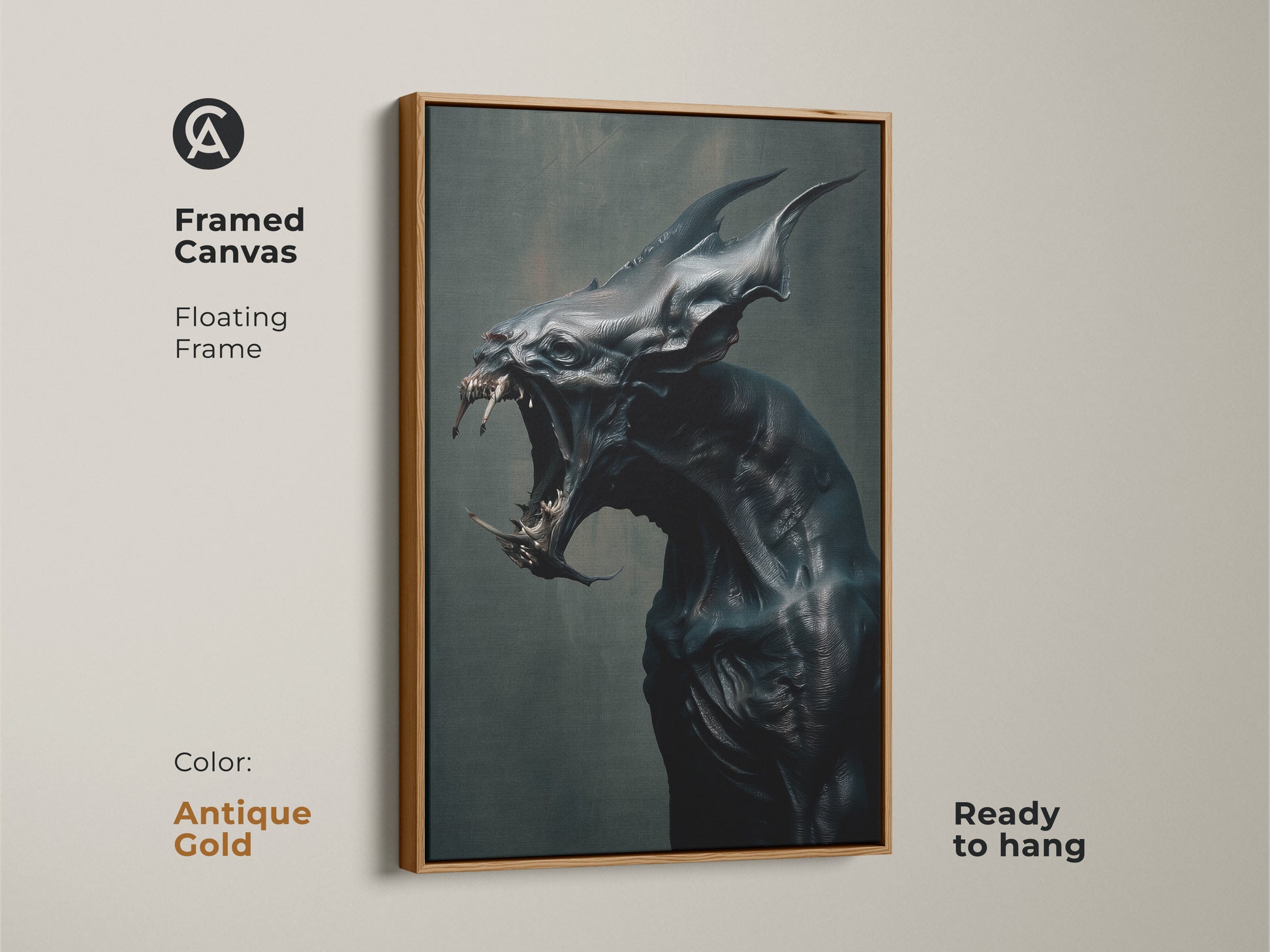 Antique gold framed canvas of monster artwork. Floating frame. Ready to hang. This framed art is perfect for a gallery wall. A unique piece of horror art for your home or office.