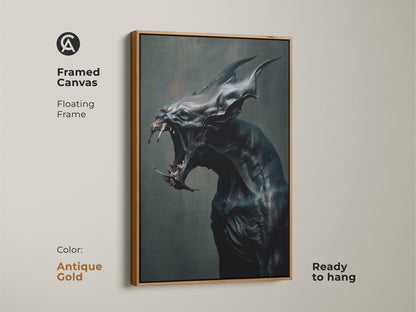 Antique gold framed canvas of monster artwork. Floating frame. Ready to hang. This framed art is perfect for a gallery wall. A unique piece of horror art for your home or office.