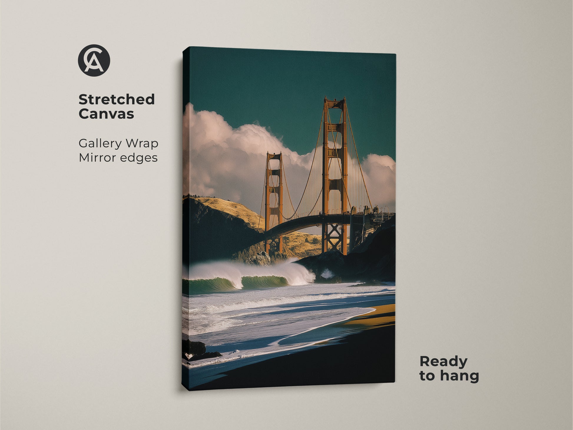 Stretched canvas print of the Golden Gate Bridge with ocean waves. Gallery wrap with mirror edges. This San Francisco art is ready to hang. Ideal for coastal home decor and travel lovers.