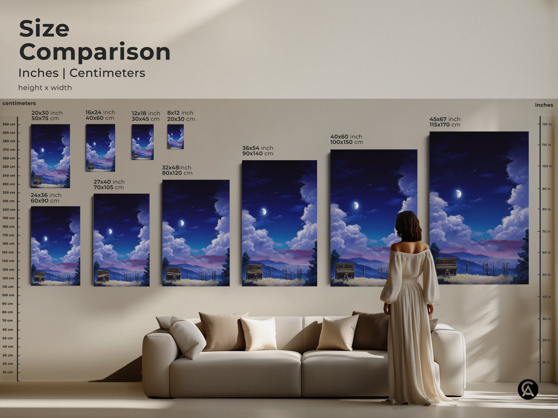 Size comparison of surreal piano landscape canvas art. See how different sizes fit above a sofa. Sizes range from small to large. Perfect for adding an artistic touch to your home decor. Find the ideal indigo moon artwork today.