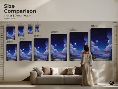 Size comparison of surreal piano landscape canvas art. See how different sizes fit above a sofa. Sizes range from small to large. Perfect for adding an artistic touch to your home decor. Find the ideal indigo moon artwork today.