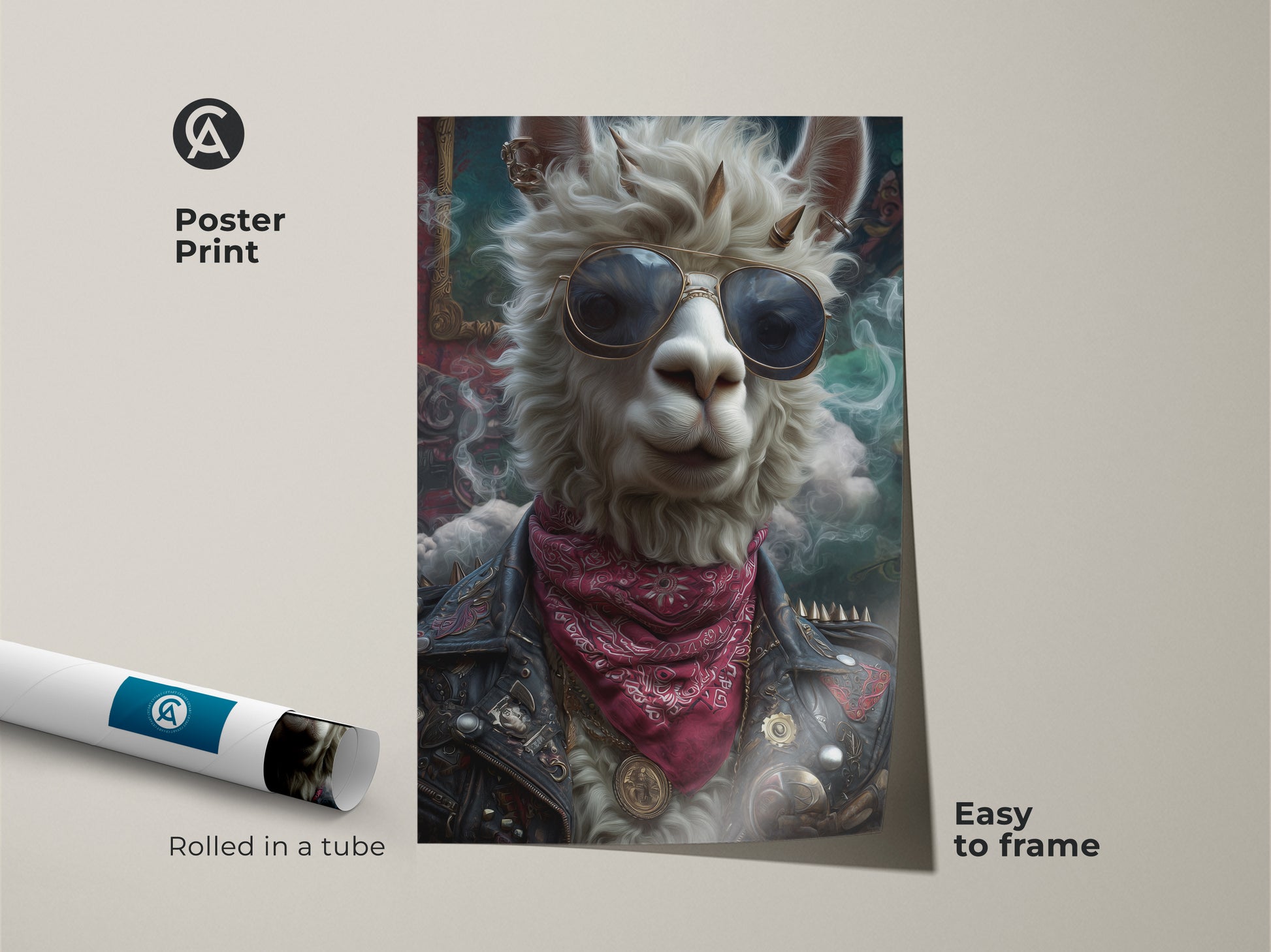 Poster print of a punk rock llama. This surreal animal portrait shows a llama with sunglasses and leather jacket. It is easy to frame. A unique artwork ideal as music lover gift or for a rock and roll themed space. Rolled in a tube for protection.