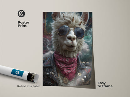 Poster print of a punk rock llama. This surreal animal portrait shows a llama with sunglasses and leather jacket. It is easy to frame. A unique artwork ideal as music lover gift or for a rock and roll themed space. Rolled in a tube for protection.