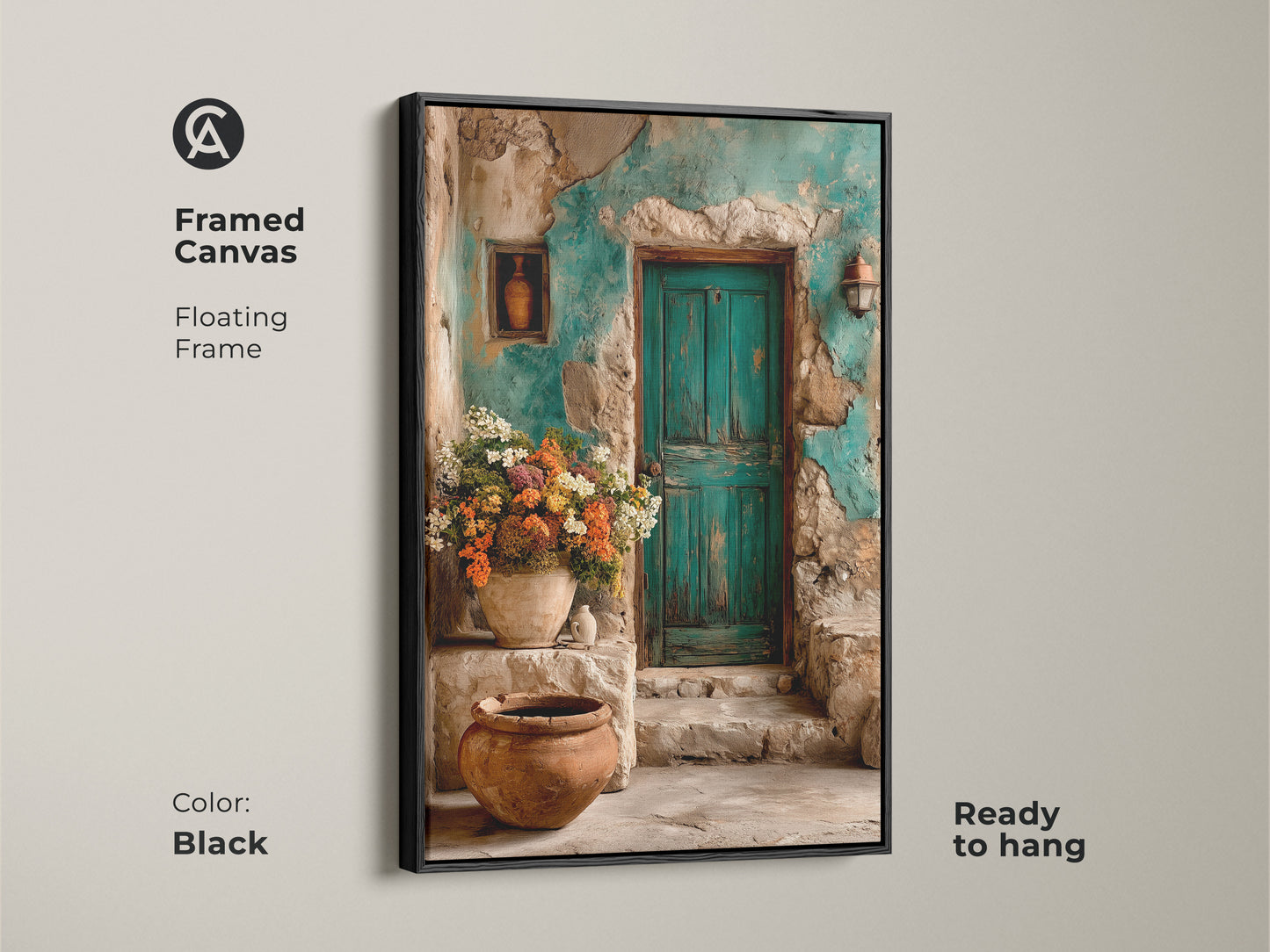 Framed canvas in black displays rustic entryway art. A teal door and floral arrangement create Mediterranean home decor. This travel lovers gift print is ready to hang. The botanical scene canvas adds old world charm to your living space.