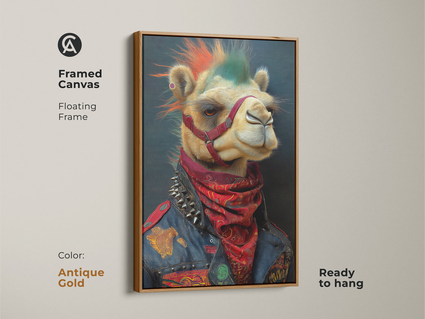 This antique gold framed canvas features a punk camel. Complete with a mohawk and studded jacket. The floating frame enhances the artwork. The rocker animal art adds an edgy touch. An ideal birthday gift for music lovers and punk rock enthusiasts. It's ready to hang in any space.