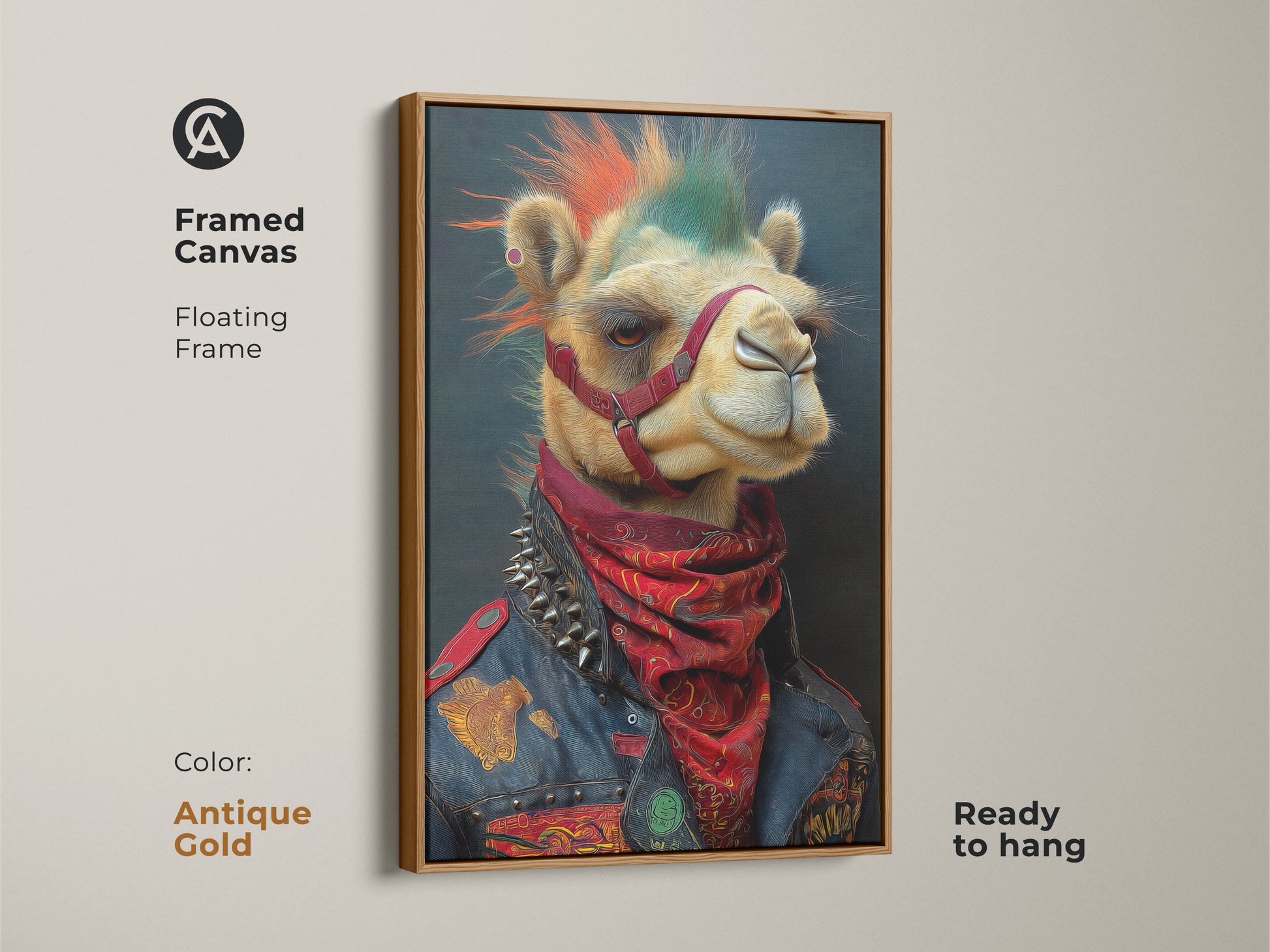 This antique gold framed canvas features a punk camel. Complete with a mohawk and studded jacket. The floating frame enhances the artwork. The rocker animal art adds an edgy touch. An ideal birthday gift for music lovers and punk rock enthusiasts. It's ready to hang in any space.