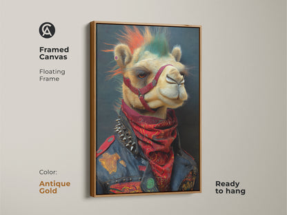 This antique gold framed canvas features a punk camel. Complete with a mohawk and studded jacket. The floating frame enhances the artwork. The rocker animal art adds an edgy touch. An ideal birthday gift for music lovers and punk rock enthusiasts. It's ready to hang in any space.