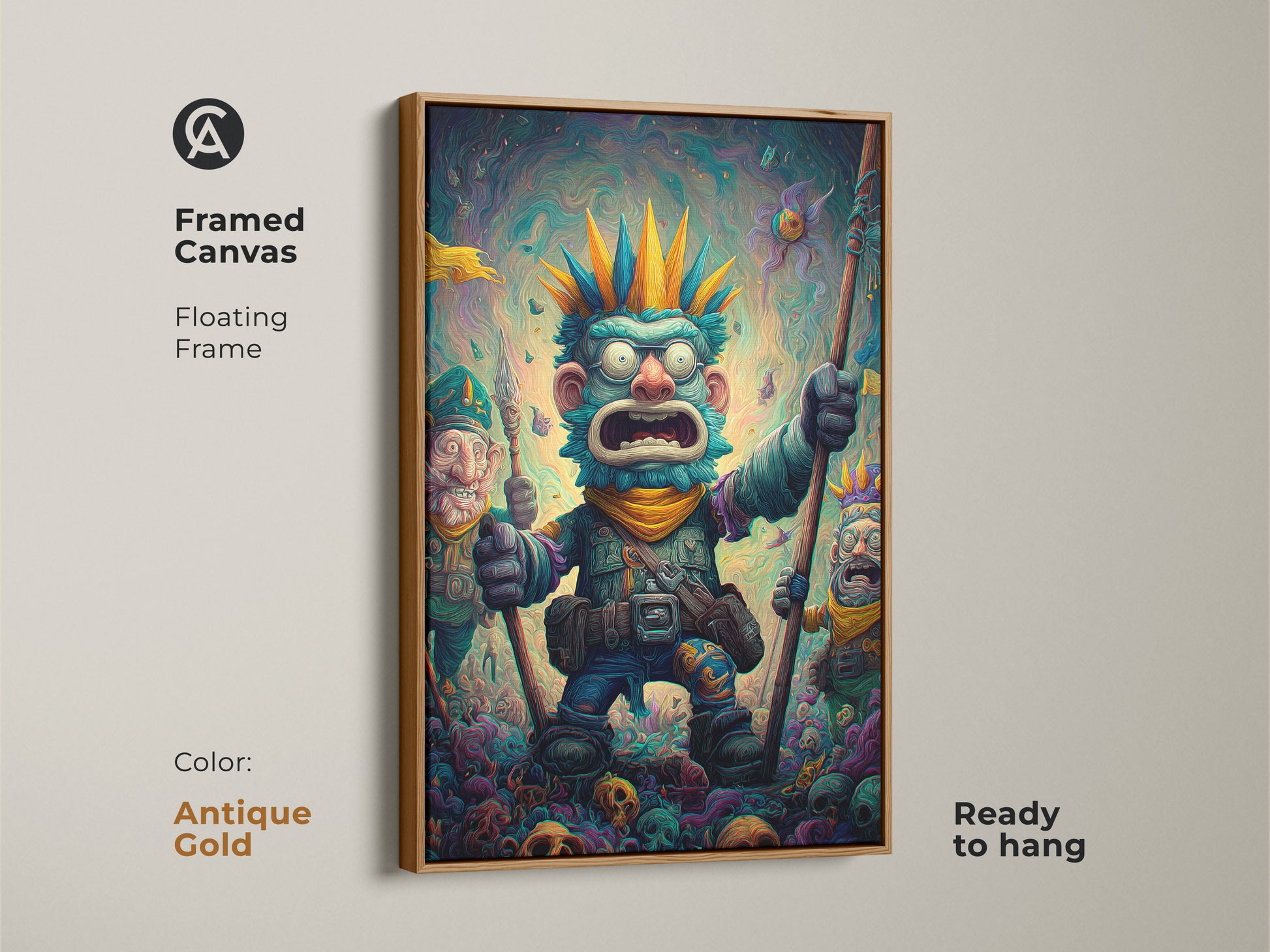 A framed canvas art print highlights a bizarre monster and goblin companions. The antique gold floating frame adds a vintage touch. The artwork is ready to hang simplifying your decorating process. Transform your space with this framed canvas artwork.