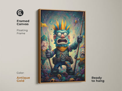 A framed canvas art print highlights a bizarre monster and goblin companions. The antique gold floating frame adds a vintage touch. The artwork is ready to hang simplifying your decorating process. Transform your space with this framed canvas artwork.