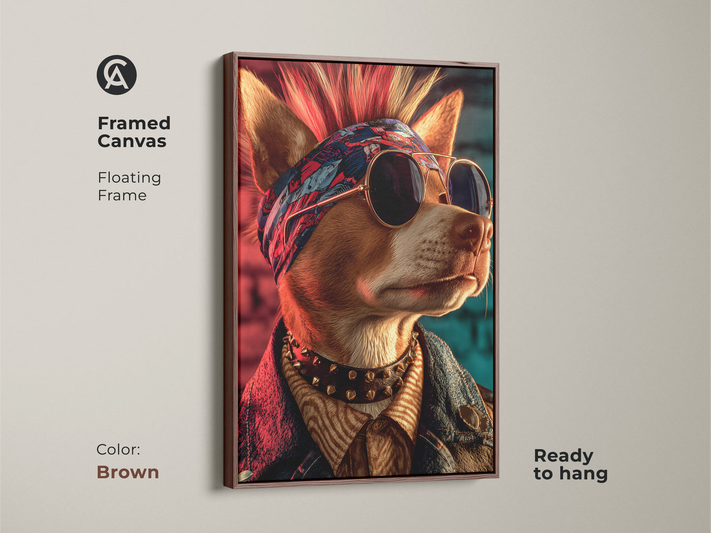 Framed canvas featuring a punk rock dog with a mohawk. It has a floating frame in brown and is ready to hang. This dog art is an ideal gift for dog lovers. The dog wears sunglasses and a denim jacket. A unique and cool vintage punk art print. It is great for alternative home decor. This piece makes a canine fashion statement.