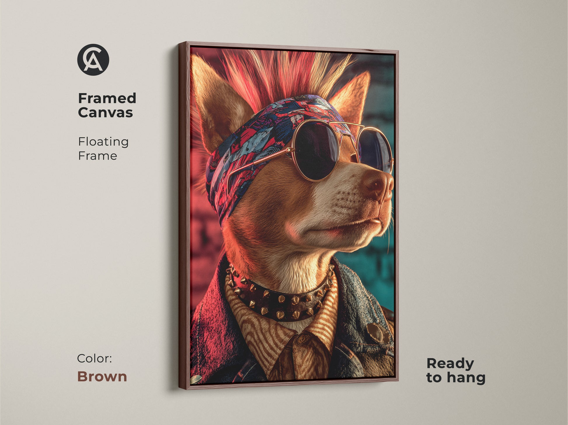 Framed canvas featuring a punk rock dog with a mohawk. It has a floating frame in brown and is ready to hang. This dog art is an ideal gift for dog lovers. The dog wears sunglasses and a denim jacket. A unique and cool vintage punk art print. It is great for alternative home decor. This piece makes a canine fashion statement.