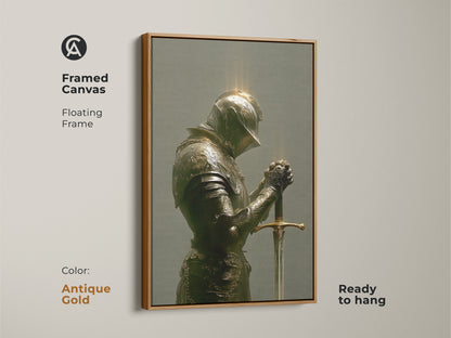 Framed Canvas featuring a Knight in armor with a floating frame in white. The artwork is ready to hang. It embodies a Gothic and Dark Academia aesthetic. Perfect for a Study Room or Office. This piece brings a touch of refined style.