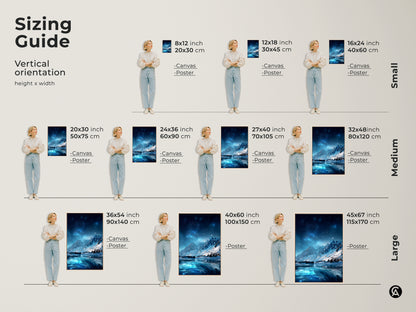 Sizing guide for vertical orientation Starry Night Sky Over Mountain Lake canvas and poster art. Sizes range from small to large. Dimensions are in inches and centimeters. Choose the perfect fit for your space.
