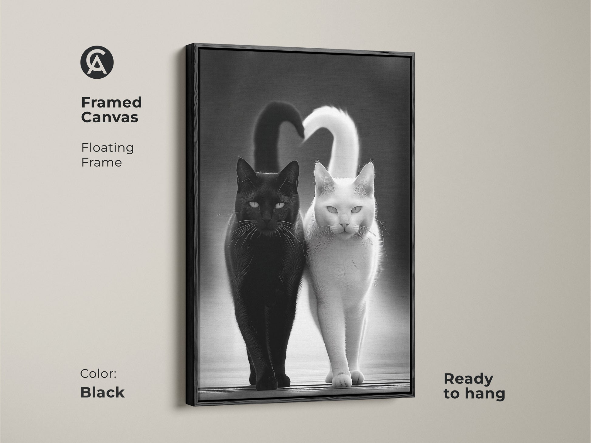 Framed Canvas with a floating frame showcases a black and white cat art print. This modern animal artwork is ready to hang. The contemporary pet decor is a minimalist cat wall art. It's a perfect cat lover gift idea. The monochrome cats make a striking visual impact.