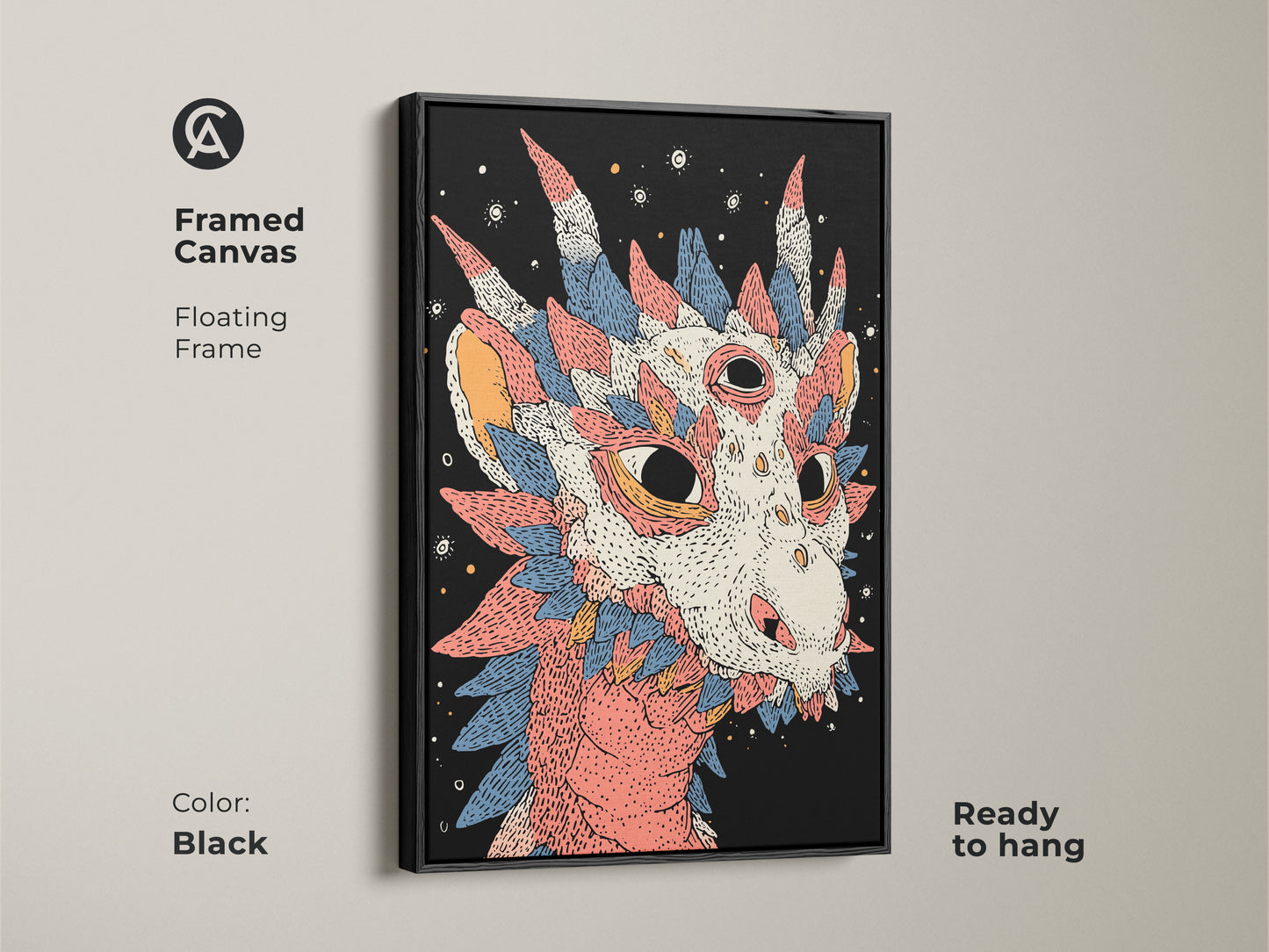 Framed canvas of mythological creature decor. This dragon art is perfect for an office. The black floating frame enhances the coral and blue artwork. A great birthday gift for him.